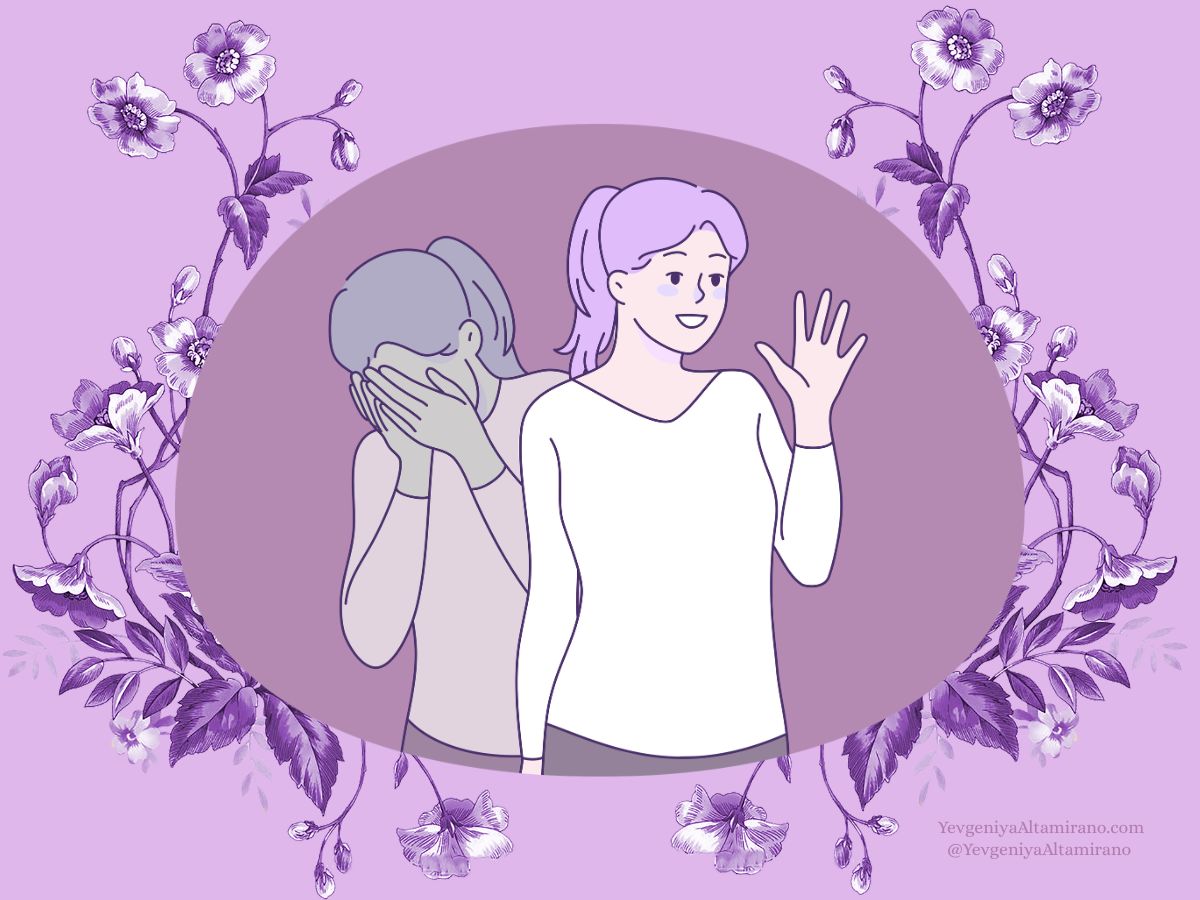 A purple-toned illustration of two versions of the same woman. In the foreground, one version of the woman is smiling and waving, looking composed. Standing behind her is a second version of herself, hunched over with her hands covering her face, representing exhaustion or overwhelm. The image is framed by decorative purple flowers on both sides, symbolizing the concept of a mental load reset.